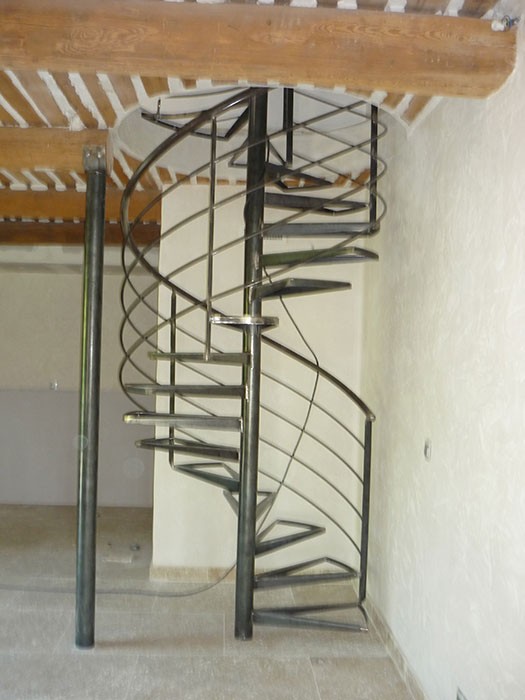 escalier, helicoidale, en, bois, inox, fer, acier, metal, verre
