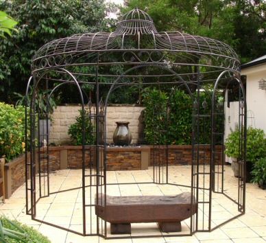 Grande Tonnelle Kiosque de Jardin Pergola Abris Rond Gloriette en Fer Forgé  et Fonte Marron 340x370x370cm